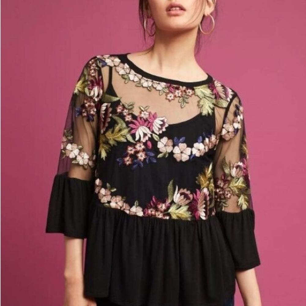 Anthony Floral Embroidered Black Top